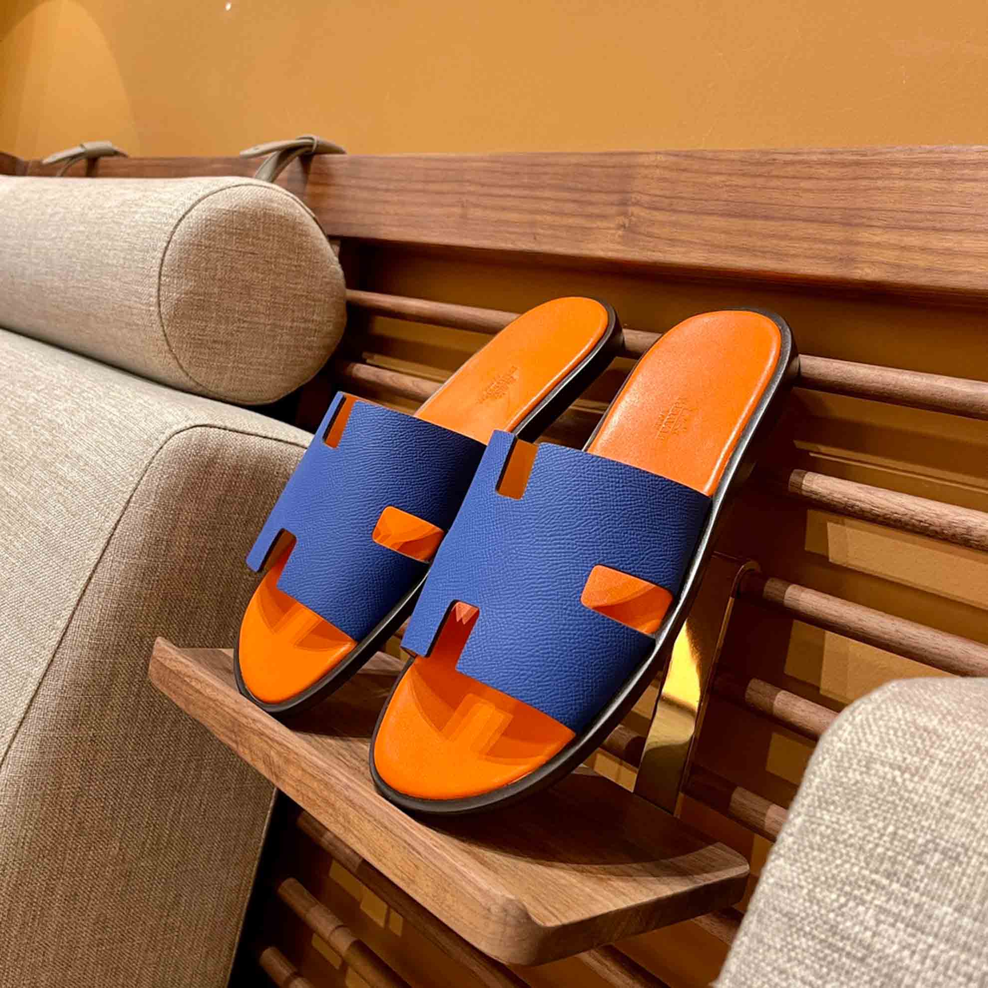 Dép Hermes Nam da Epsom (Sần) Xanh Lót Cam Best Quality