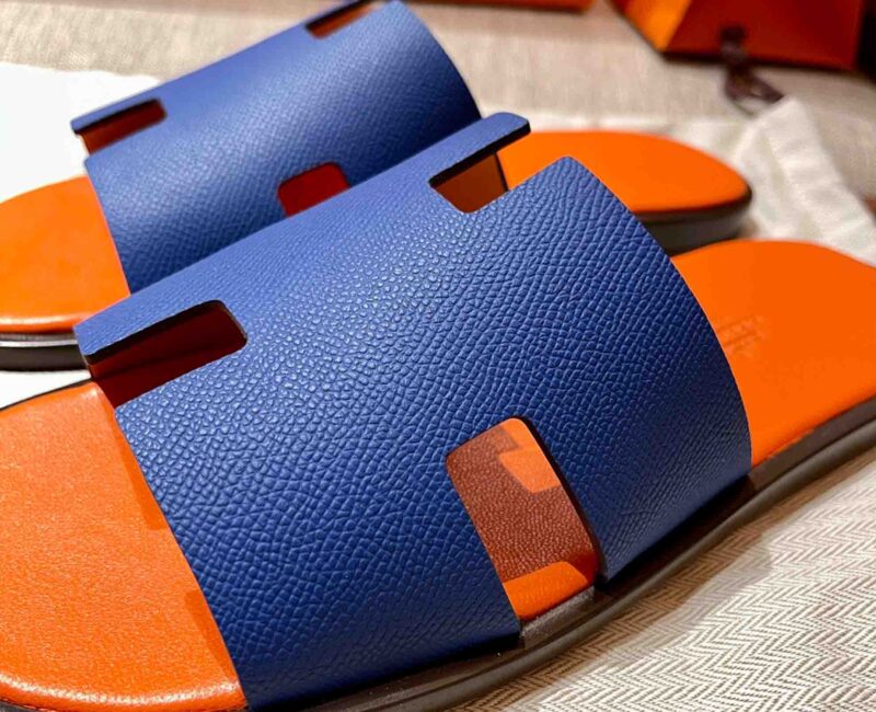 Dép Hermes Nam da Epsom (Sần) Xanh Lót Cam Best Quality