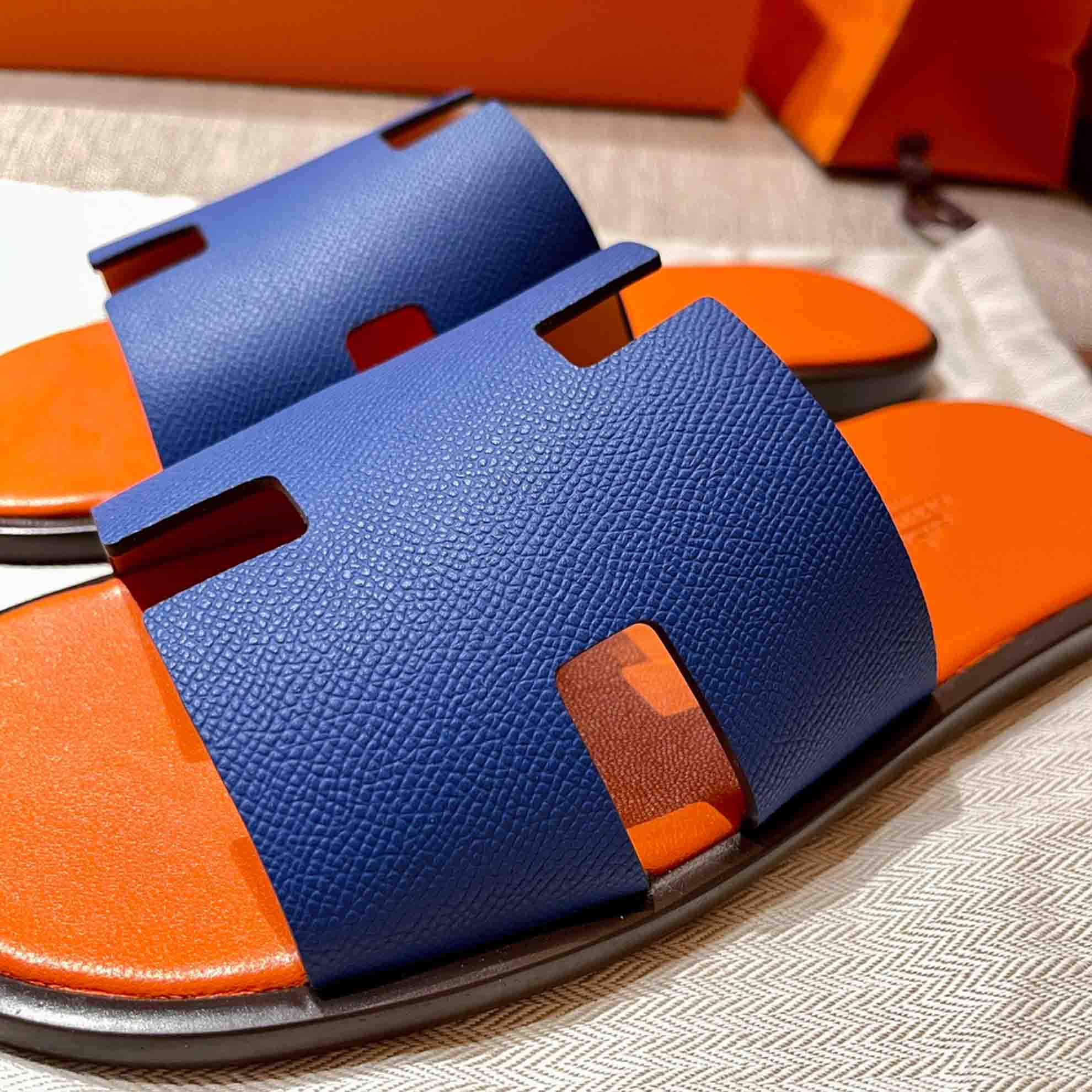 Dép Hermes Nam da Epsom (Sần) Xanh Lót Cam Best Quality