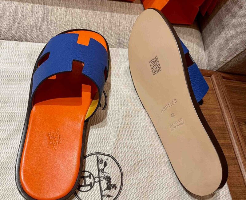 Dép Hermes Nam da Epsom (Sần) Xanh Lót Cam Best Quality