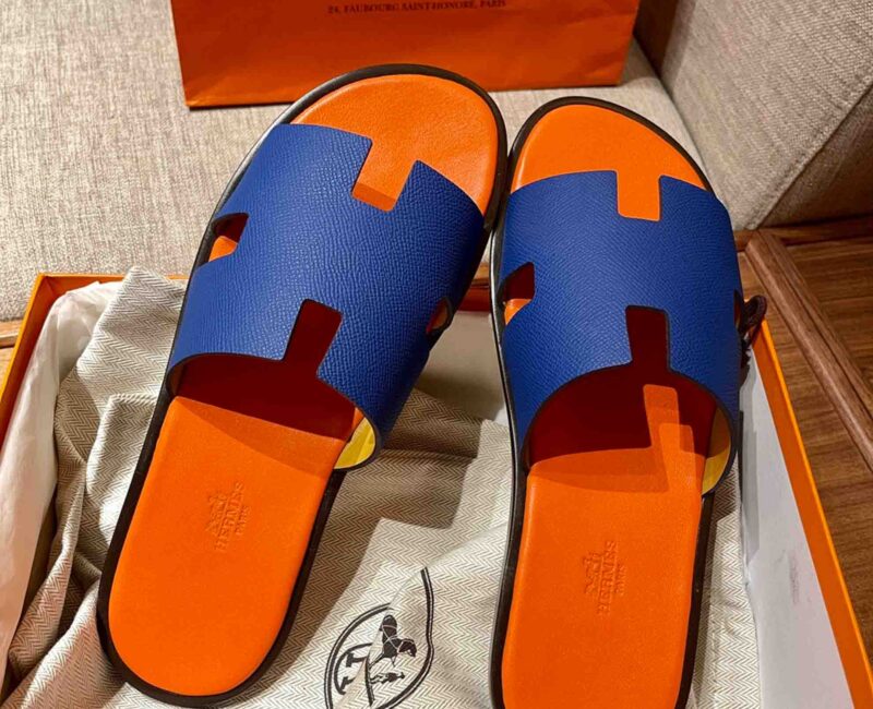 Dép Hermes Nam da Epsom (Sần) Xanh Lót Cam Best Quality
