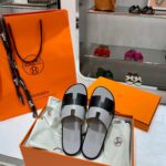 Dép Hermes Nam Da Trơn Bicolor Xám Đen Best Quality