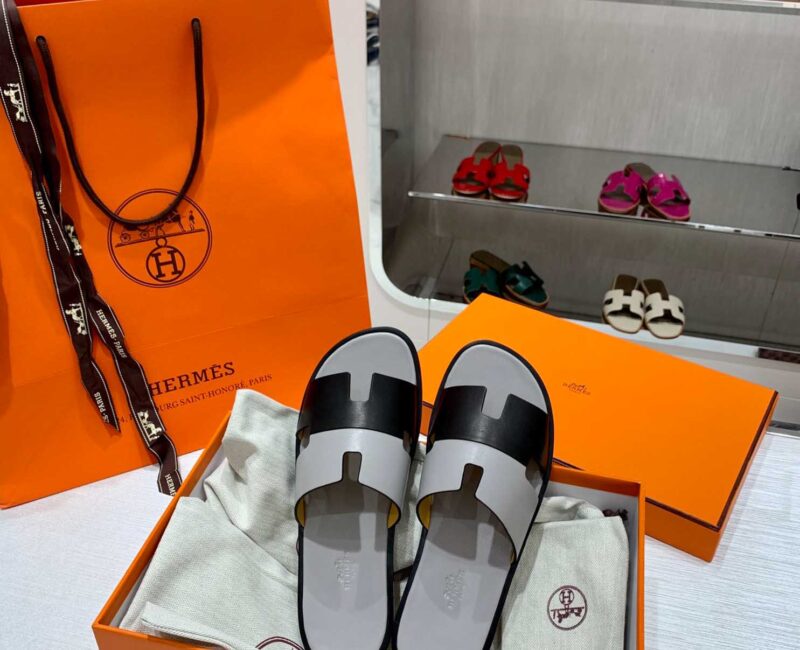 Dép Hermes Nam Da Trơn Bicolor Xám Đen Best Quality