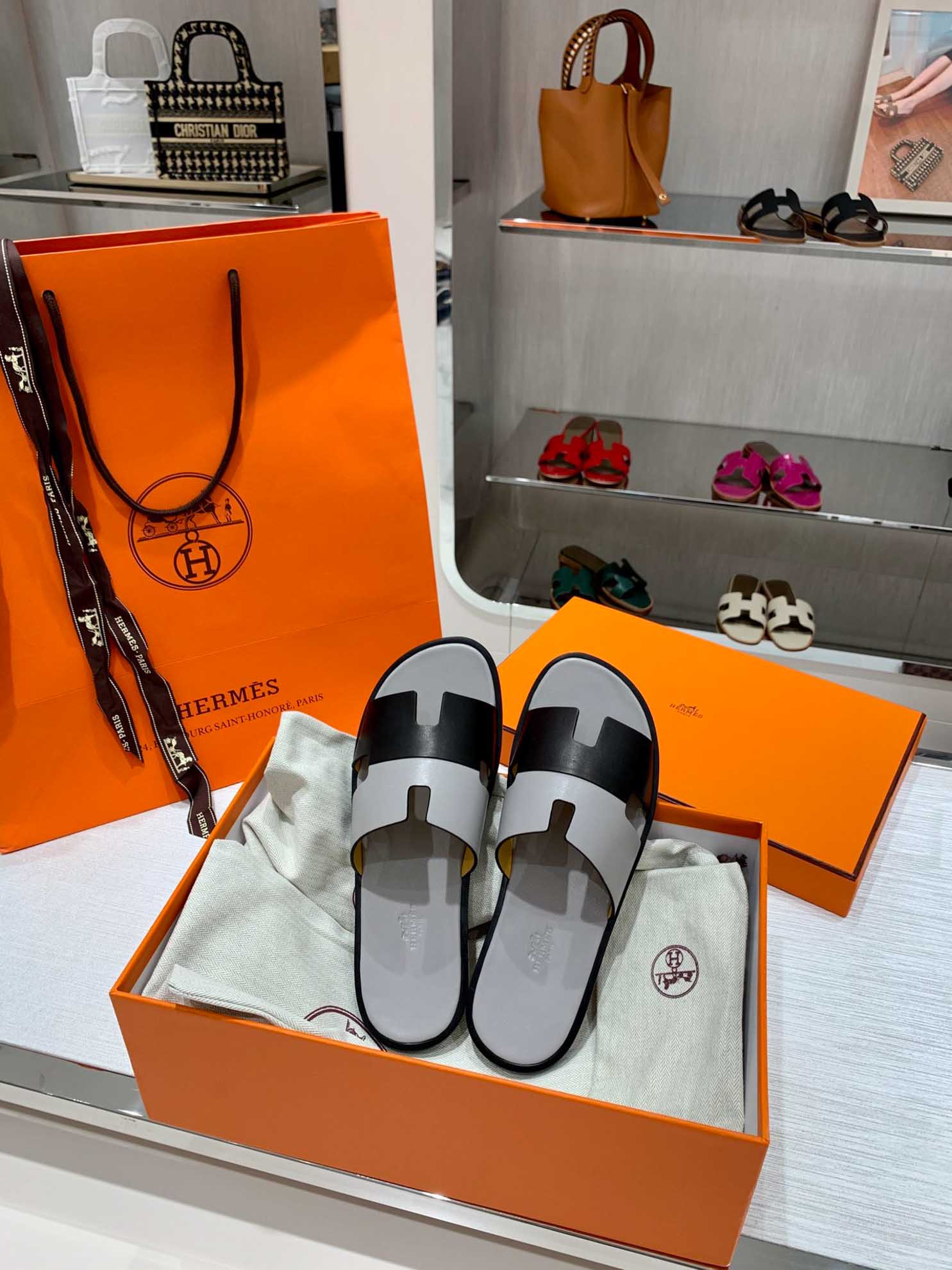 Dép Hermes Nam Da Trơn Bicolor Xám Đen Best Quality