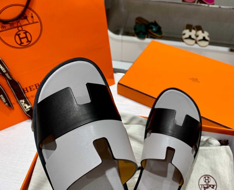 Dép Hermes Nam Da Trơn Bicolor Xám Đen Best Quality