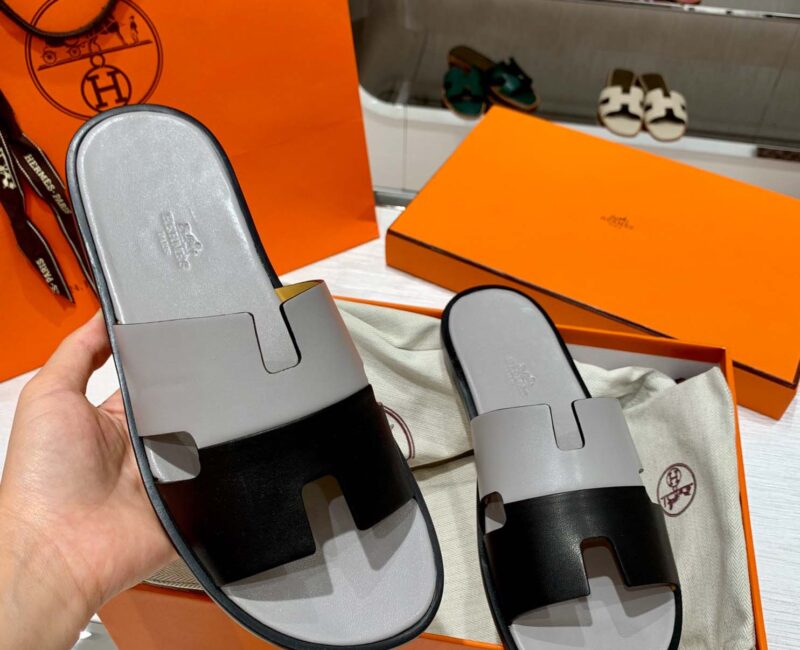 Dép Hermes Nam Da Trơn Bicolor Xám Đen Best Quality