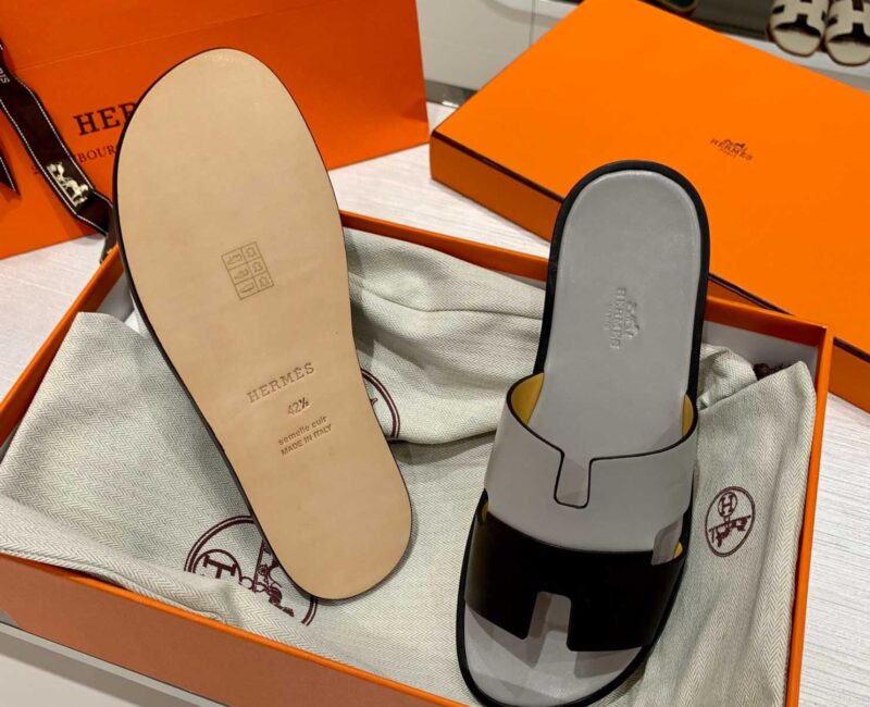 Dép Hermes Nam Da Trơn Bicolor Xám Đen Best Quality