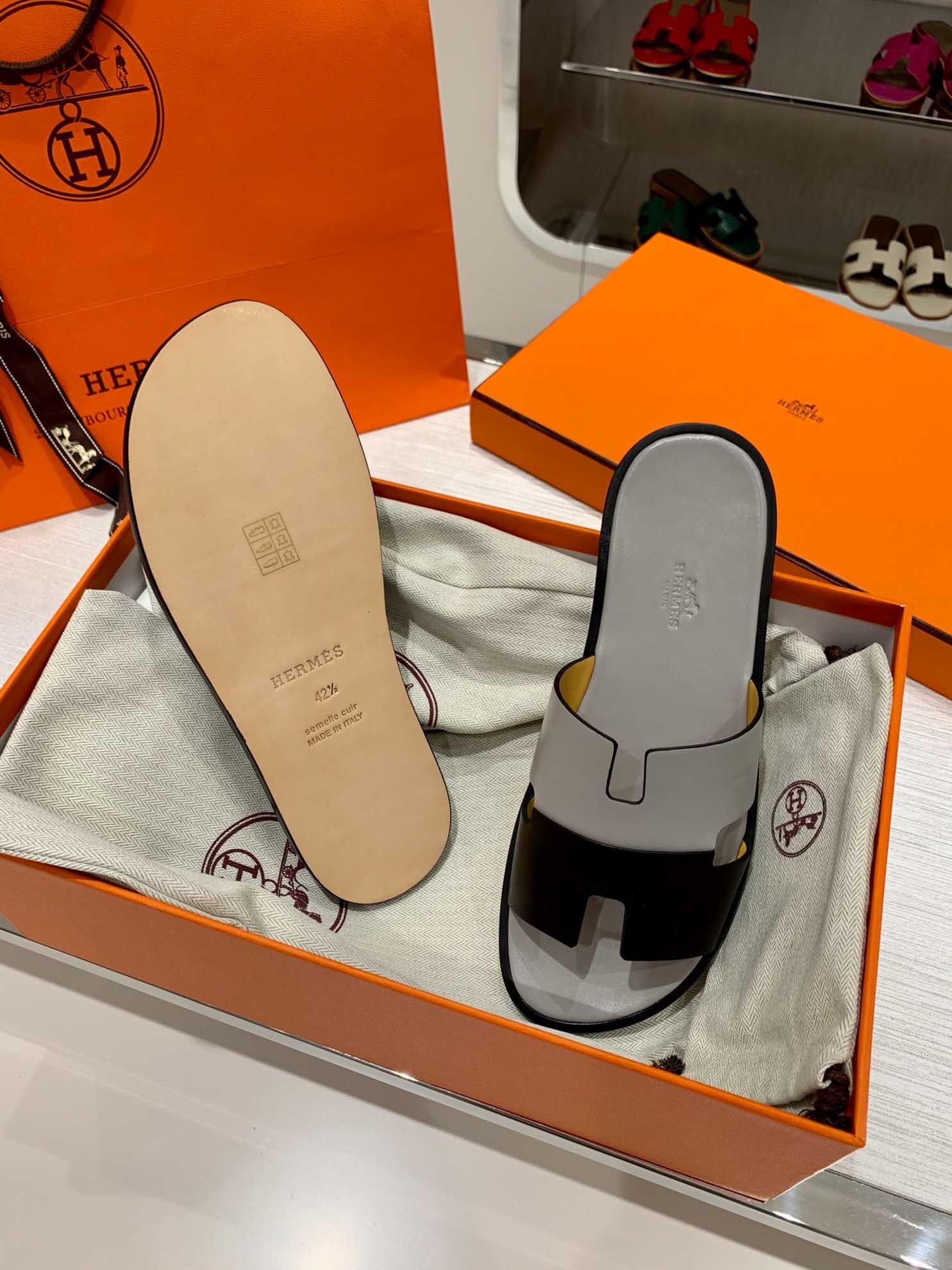 Dép Hermes Nam Da Trơn Bicolor Xám Đen Best Quality