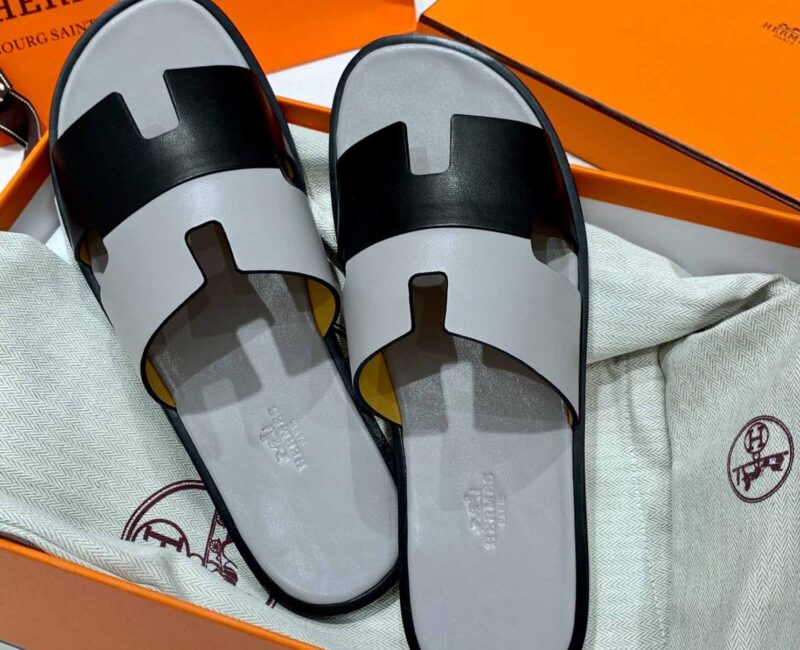 Dép Hermes Nam Da Trơn Bicolor Xám Đen Best Quality