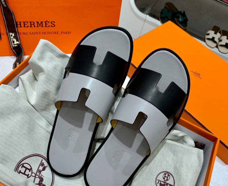 Dép Hermes Nam Da Trơn Bicolor Xám Đen Best Quality