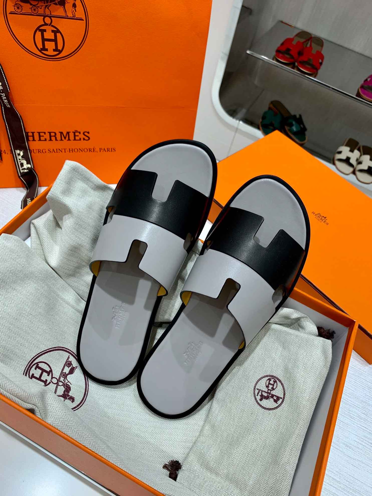 Dép Hermes Nam Da Trơn Bicolor Xám Đen Best Quality