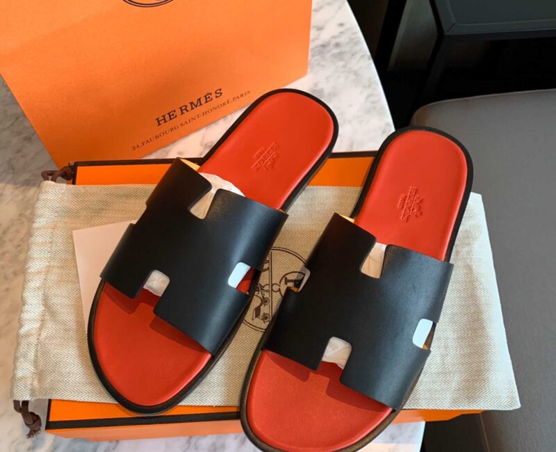Dép Hermes Nam Da Trơn Đen lót Đỏ Cam Best Quality