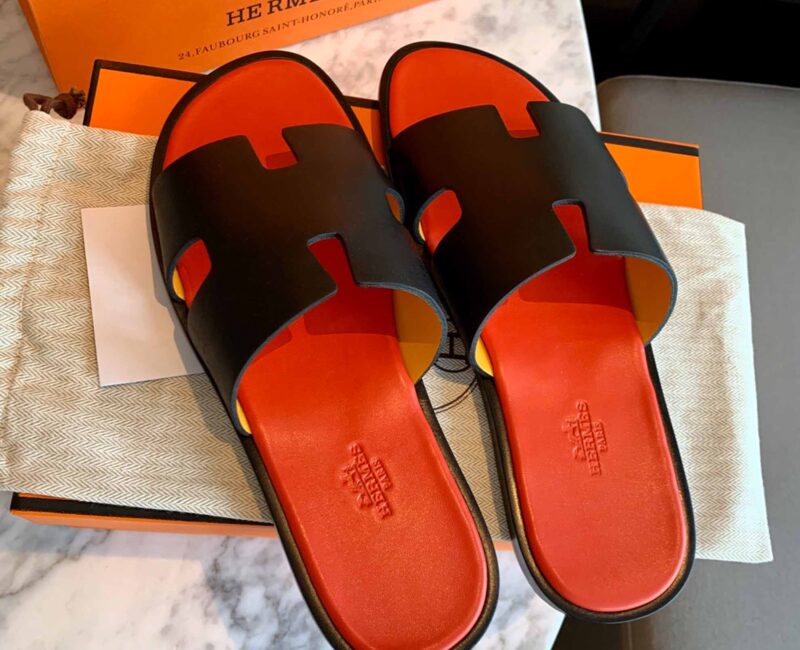Dép Hermes Nam Da Trơn Đen lót Đỏ Cam Best Quality