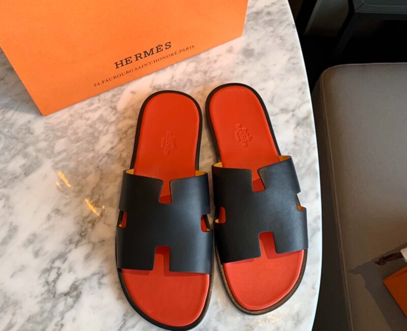 Dép Hermes Nam Da Trơn Đen lót Đỏ Cam Best Quality