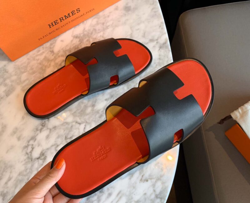 Dép Hermes Nam Da Trơn Đen lót Đỏ Cam Best Quality