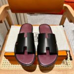 Dép Hermes Nam Da Trơn Đen lót Đỏ Mận Best Quality