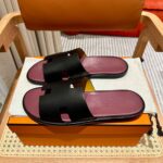 Dép Hermes Nam Da Trơn Đen lót Đỏ Mận Best Quality