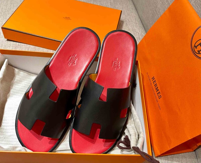 Dép Hermes Nam Da Trơn Đen lót Đỏ Tươi Best Quality