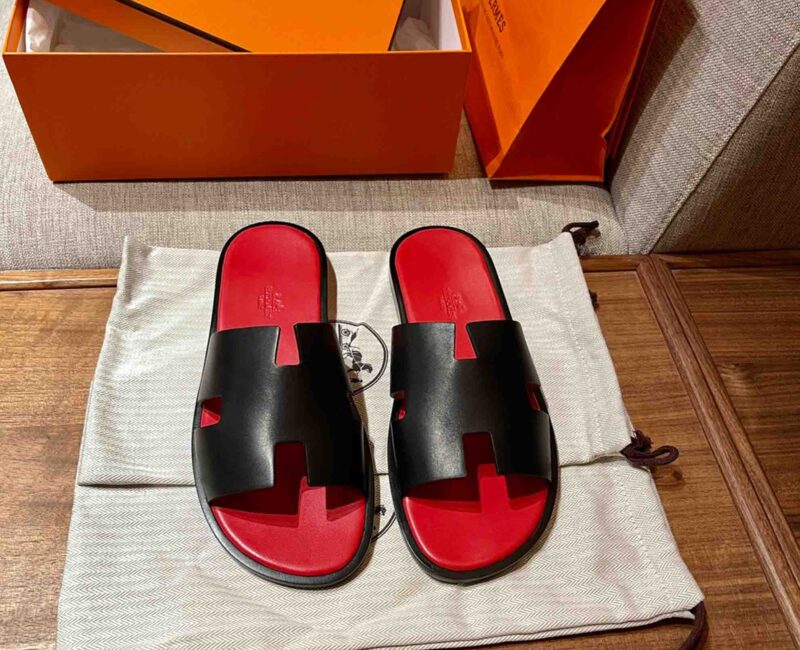 Dép Hermes Nam Da Trơn Đen lót Đỏ Tươi Best Quality