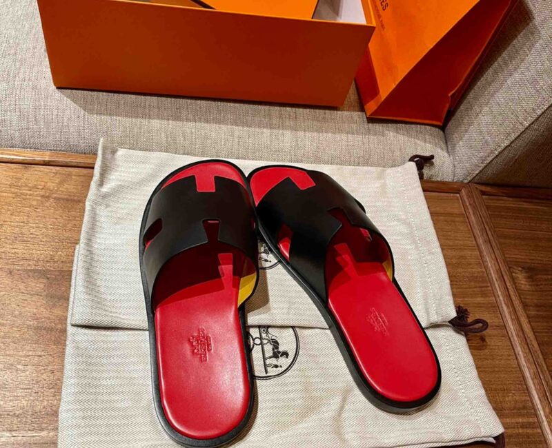 Dép Hermes Nam Da Trơn Đen lót Đỏ Tươi Best Quality