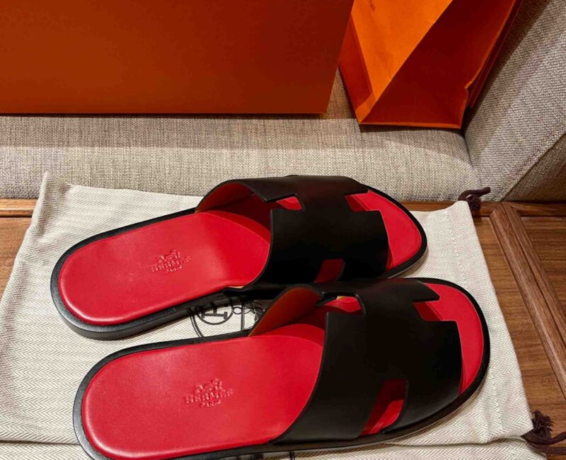 Dép Hermes Nam Da Trơn Đen lót Đỏ Tươi Best Quality