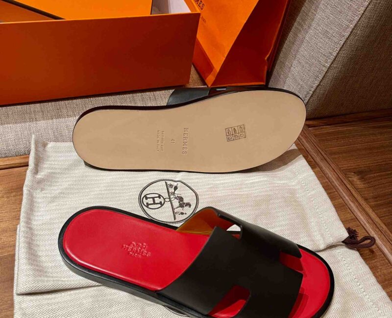 Dép Hermes Nam Da Trơn Đen lót Đỏ Tươi Best Quality