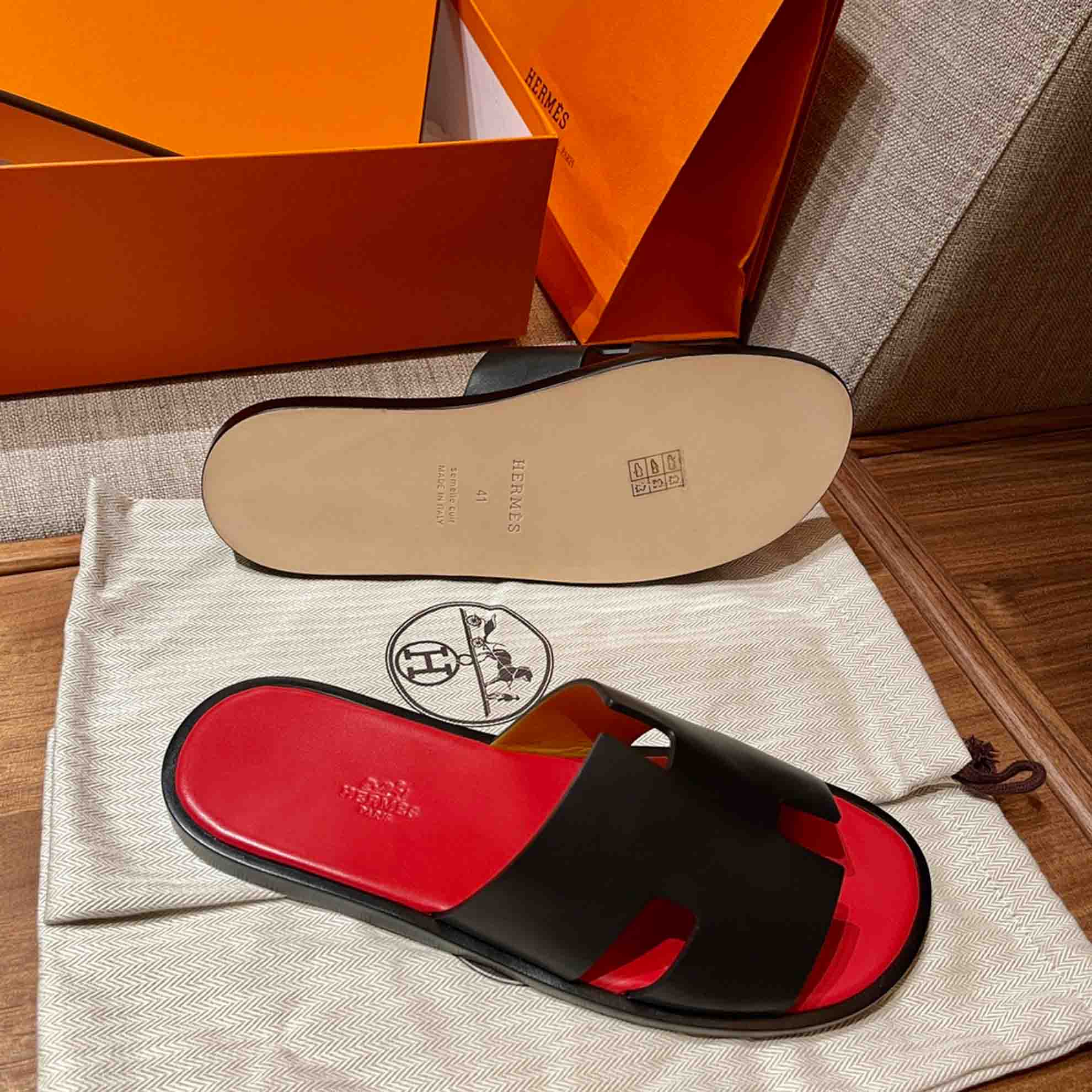 Dép Hermes Nam Da Trơn Đen lót Đỏ Tươi Best Quality