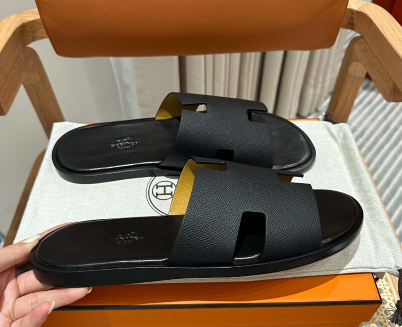 Dép Hermes Nam Full Đen Da Epsom (Sần) Best Quality