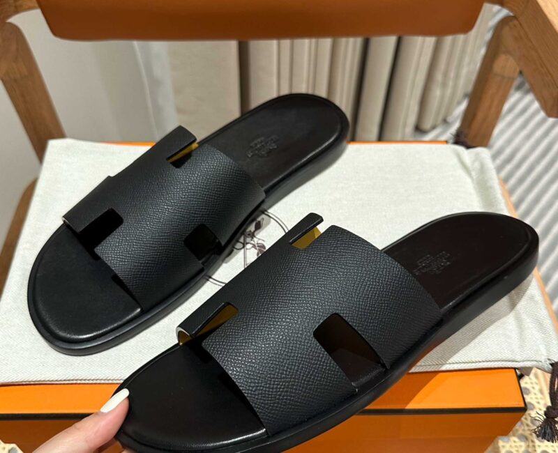 Dép Hermes Nam Full Đen Da Epsom (Sần) Best Quality