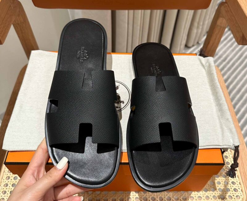 Dép Hermes Nam Full Đen Da Epsom (Sần) Best Quality