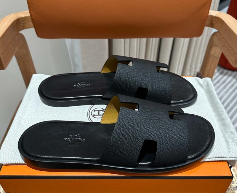 Dép Hermes Nam Full Đen Da Epsom (Sần) Best Quality