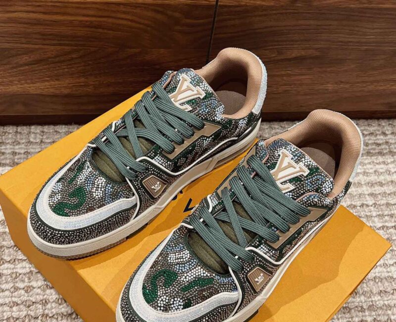 Giày Louis Vuitton Lv Trainer #54 Khaki Green Strass