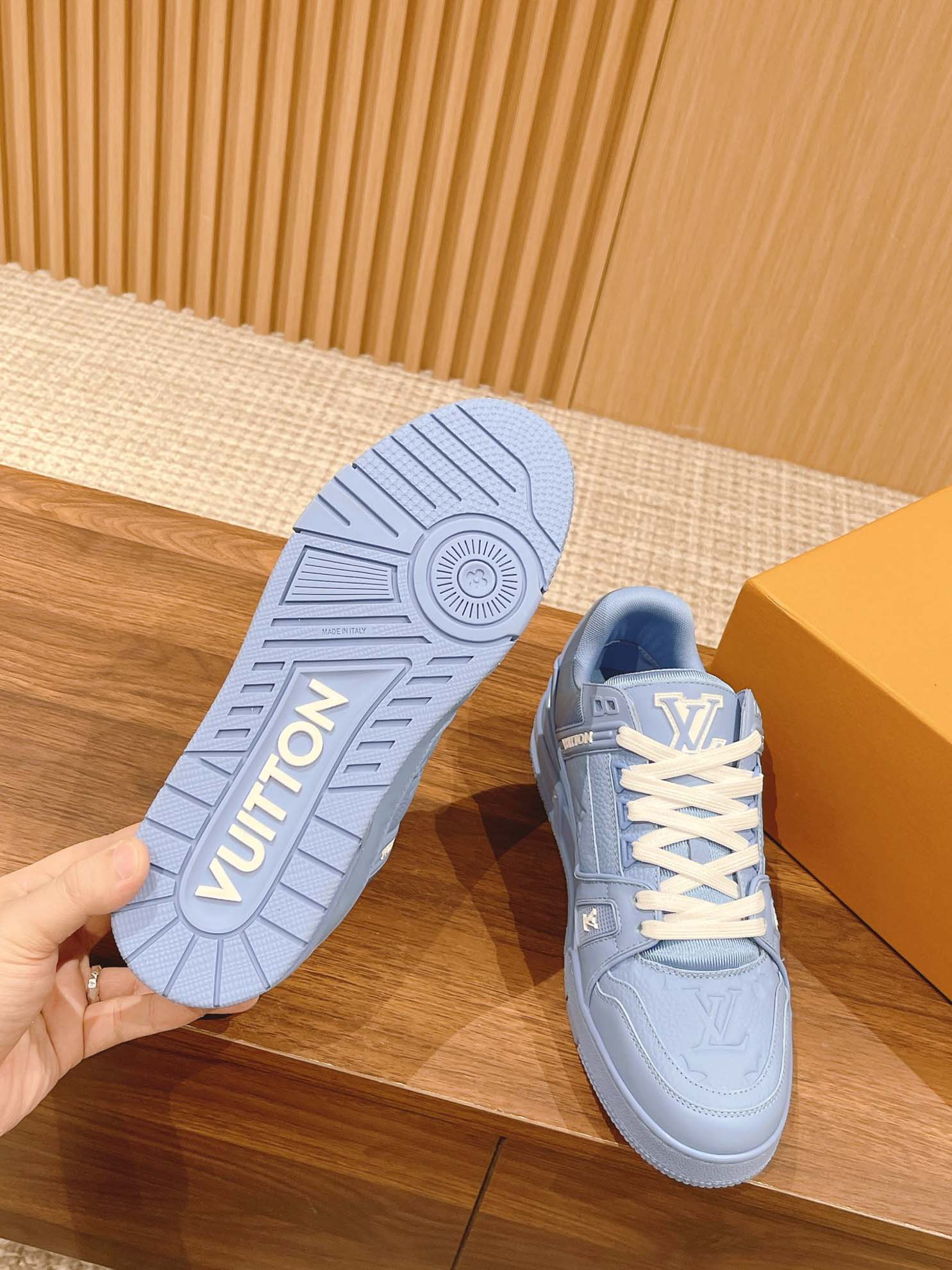 Giày Louis Vuitton LV Trainer Blue Leather Monogram Best Quality