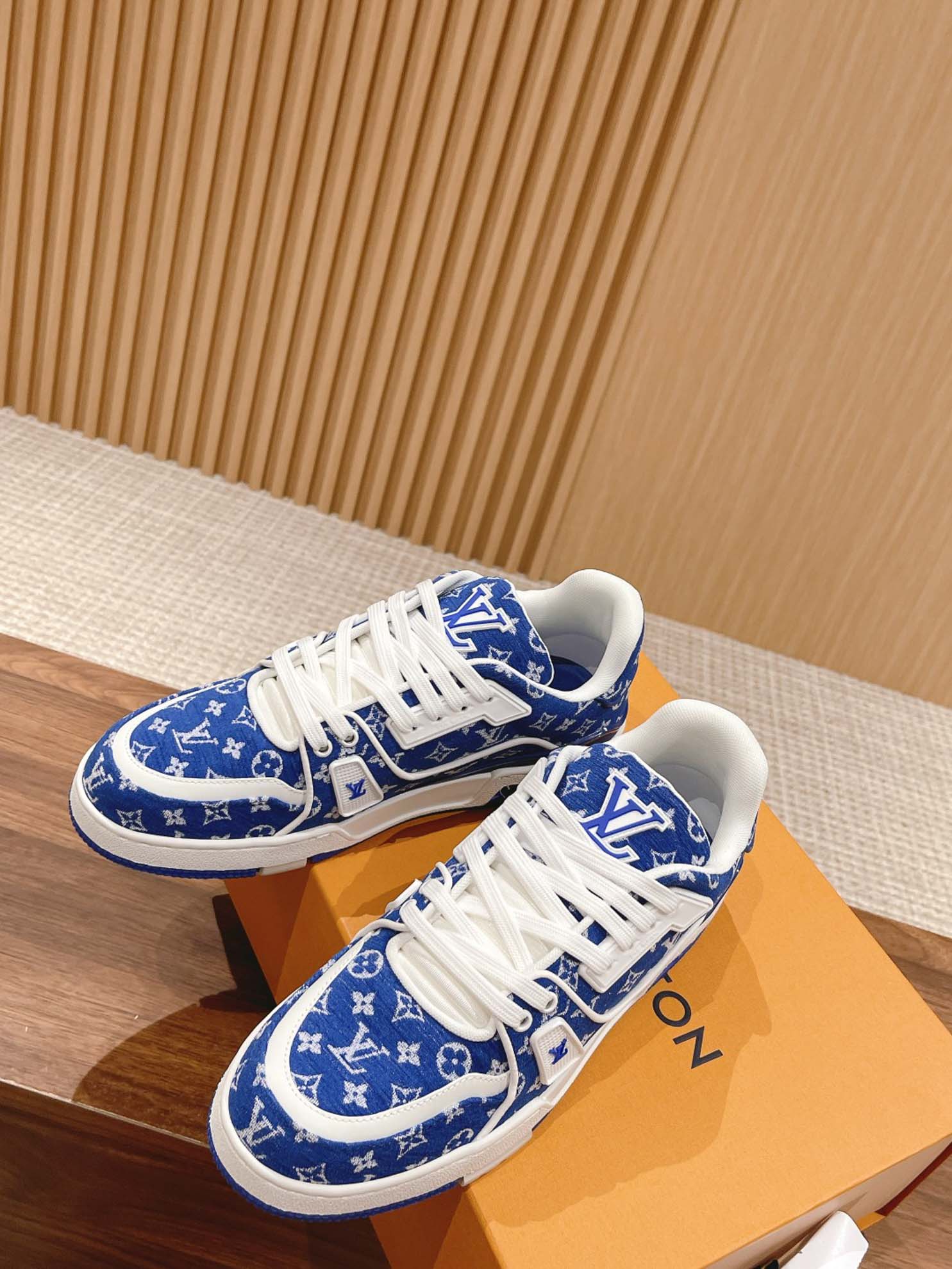 Giày Louis Vuitton LV Trainer Monogram Blue Fabric Best Quality