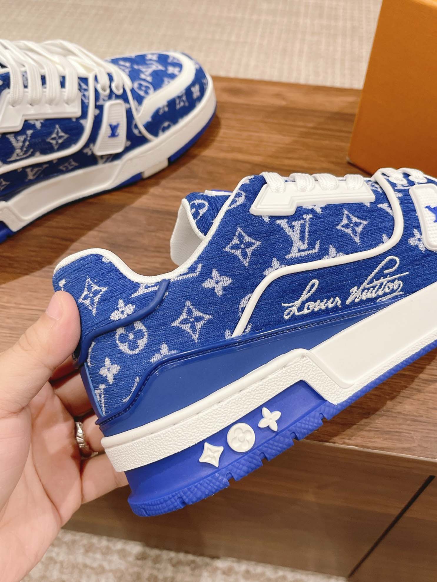 Giày Louis Vuitton LV Trainer Monogram Blue Fabric Best Quality