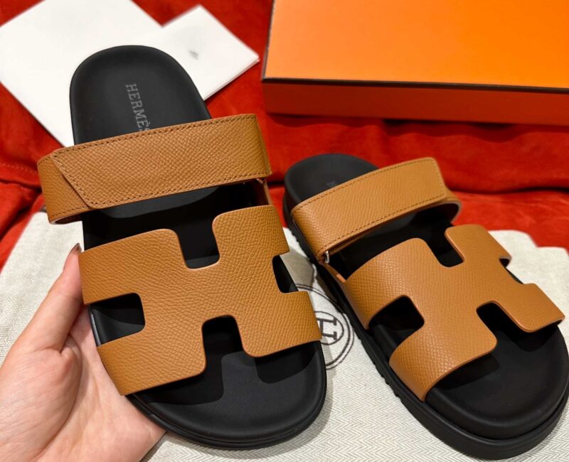 Dép Hermes Chypre Sandal Natural Black Epsom Leather Best Quality