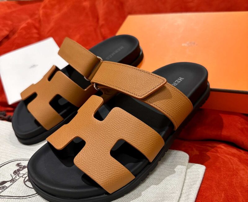 Dép Hermes Chypre Sandal Natural Black Epsom Leather Best Quality