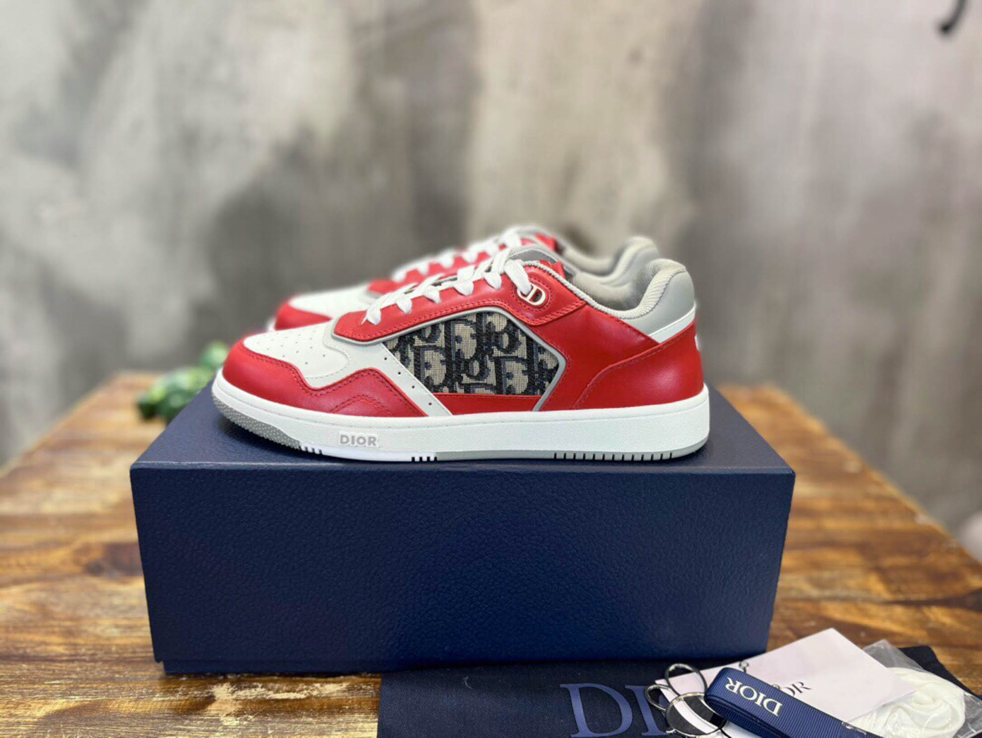 Giày Dior B27 Low Red Grey Dior Oblique Jacquard Like Auth