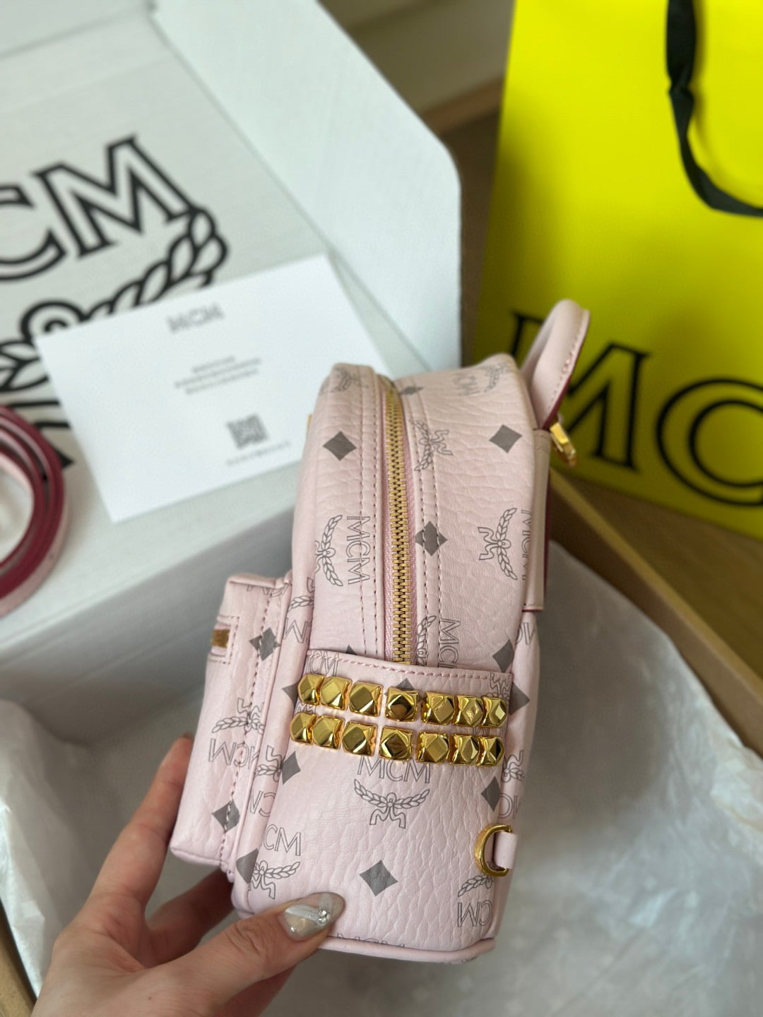 Balo MCM Stark Studs Backpack Visetos Pink Mini