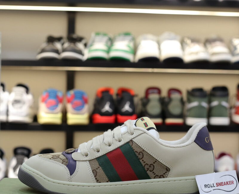 Giày Gucci Screener Leather and GG-Supreme gót Tím Like Auth