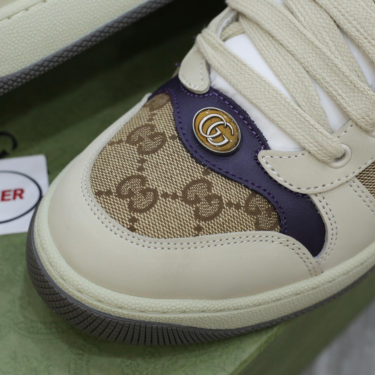 Giày Gucci Screener Leather and GG-Supreme gót Tím Like Auth