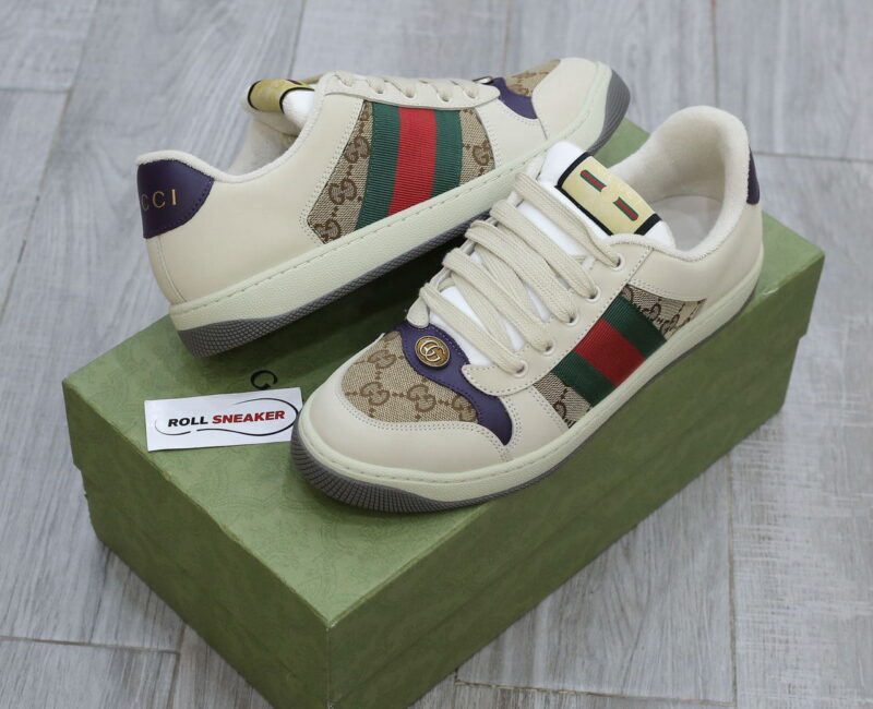 Giày Gucci Screener Leather and GG-Supreme gót Tím Like Auth