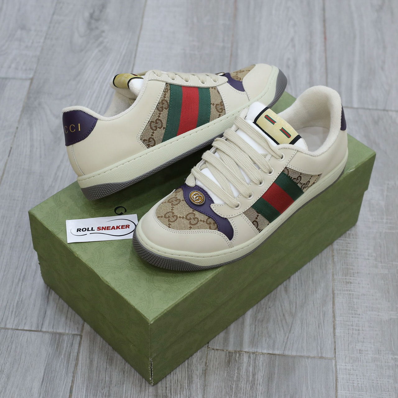 Giày Gucci Screener Leather and GG-Supreme gót Tím Like Auth