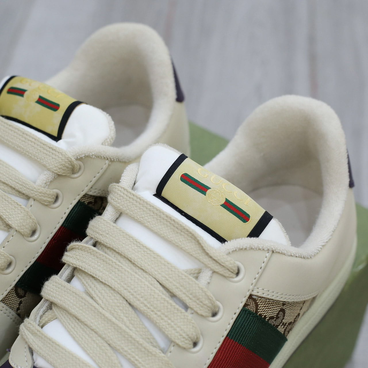 Giày Gucci Screener Leather and GG-Supreme gót Tím Like Auth