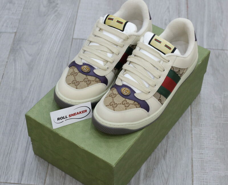 Giày Gucci Screener Leather and GG-Supreme gót Tím Like Auth