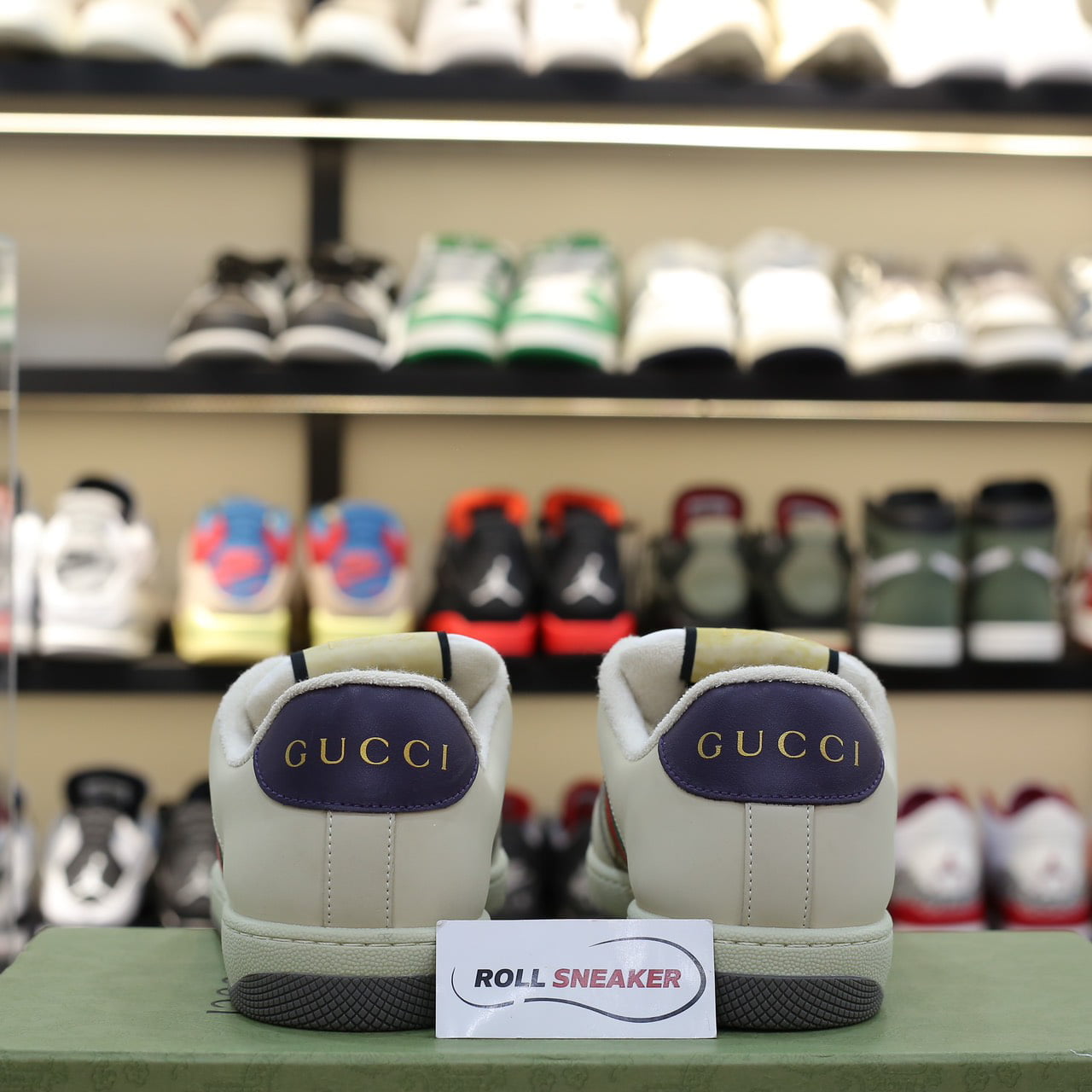 Giày Gucci Screener Leather and GG-Supreme gót Tím Like Auth