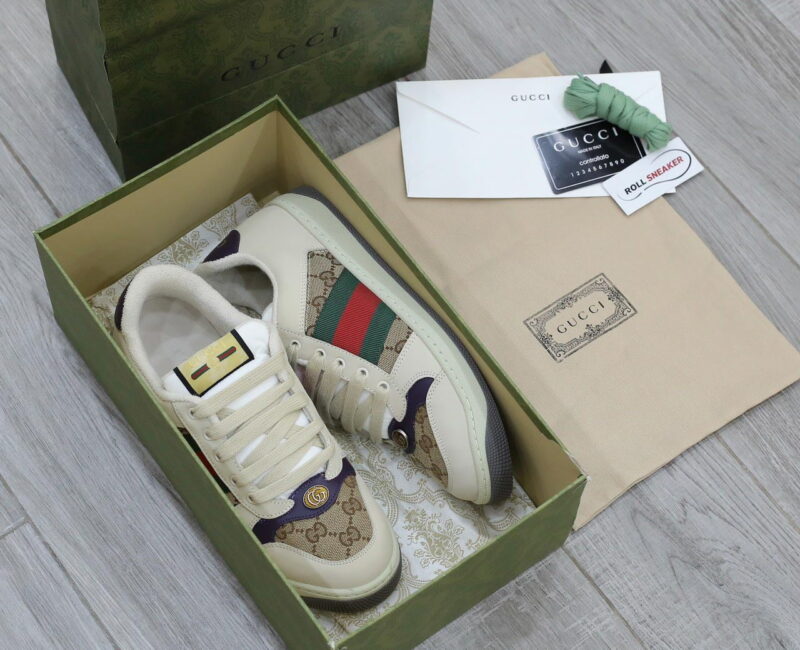 Giày Gucci Screener Leather and GG-Supreme gót Tím Like Auth