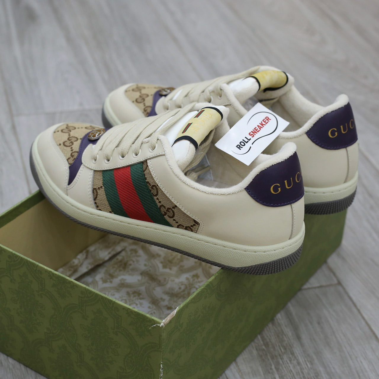 Giày Gucci Screener Leather and GG-Supreme gót Tím Like Auth