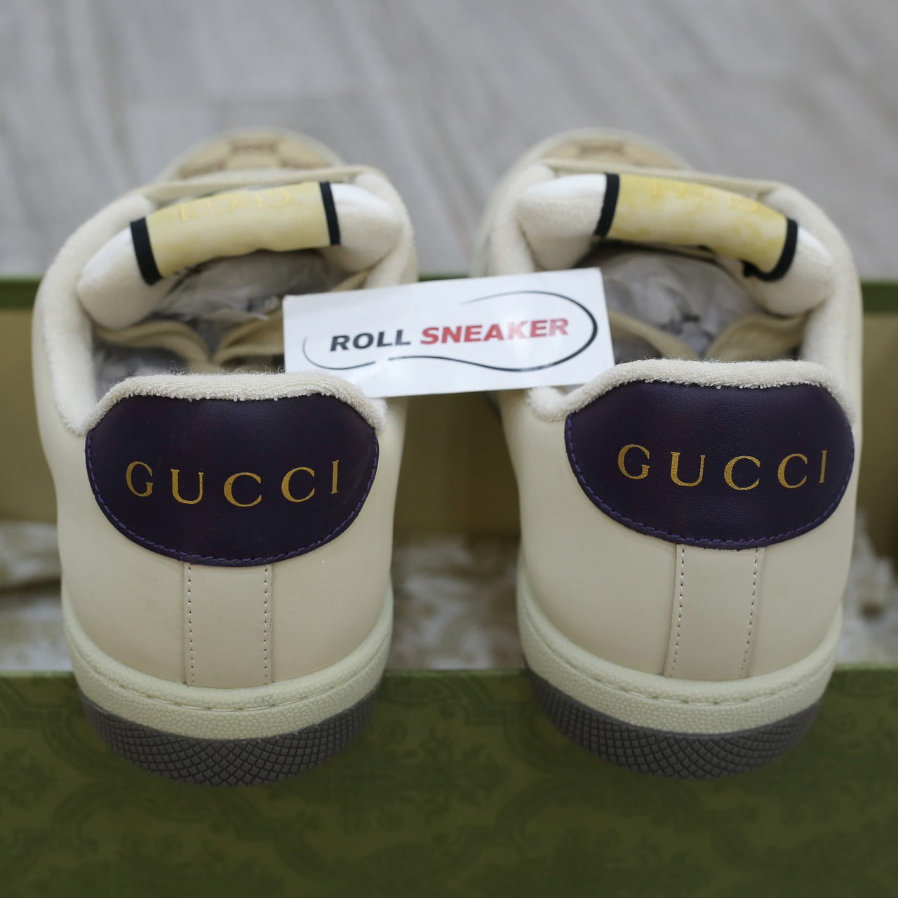 Giày Gucci Screener Leather and GG-Supreme gót Tím Like Auth