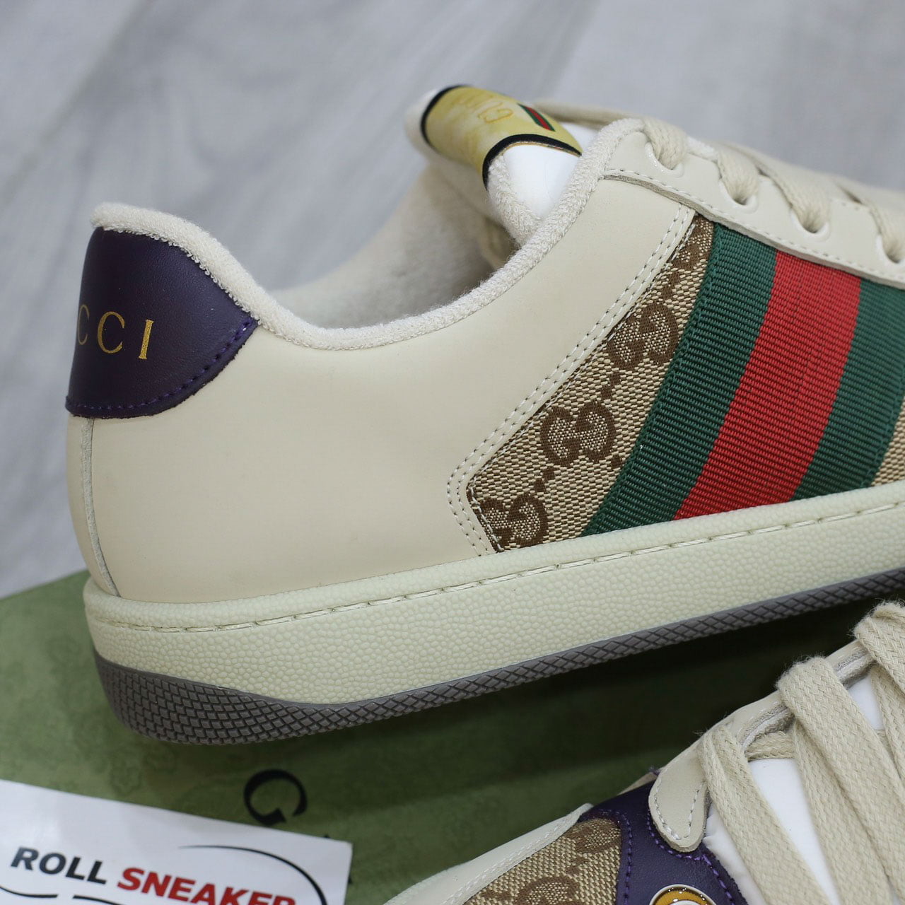Giày Gucci Screener Leather and GG-Supreme gót Tím Like Auth